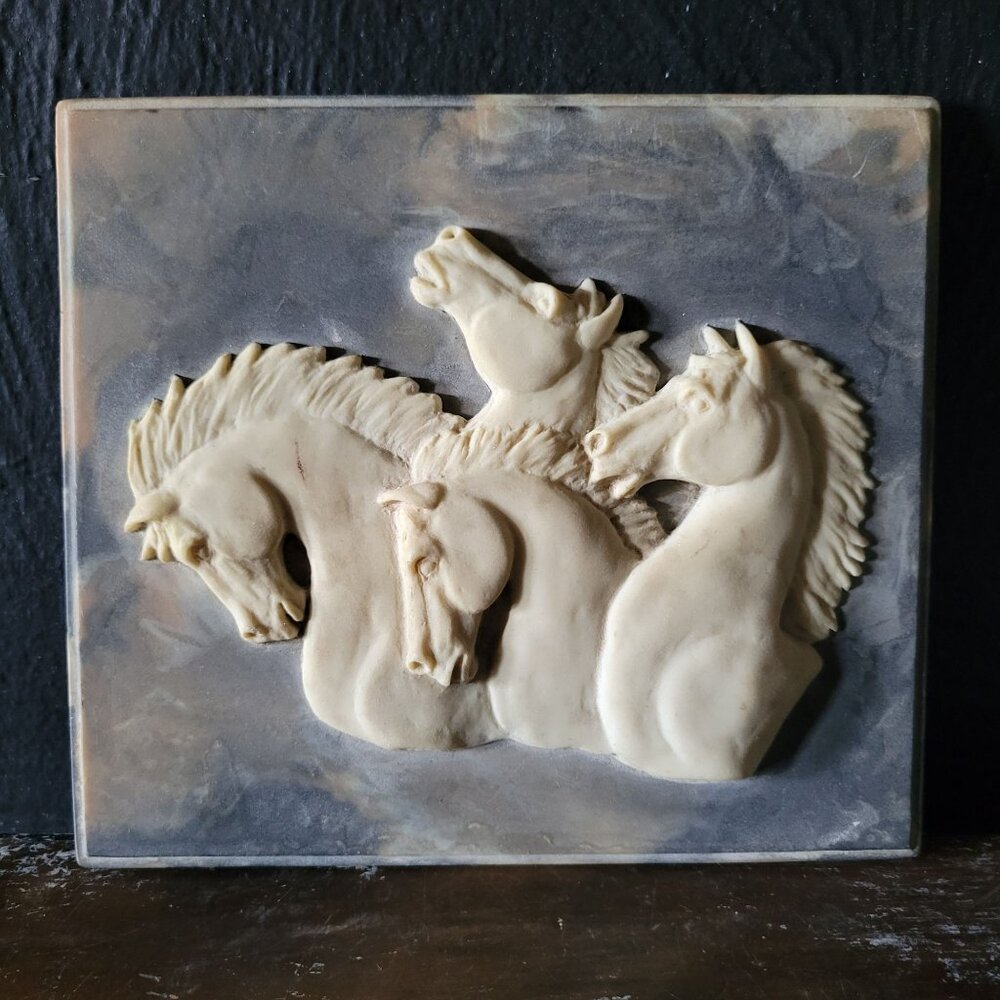 Vtg Incolay Stone Horse Plaque With Sculpted Mares and Stallions, Horse Lover